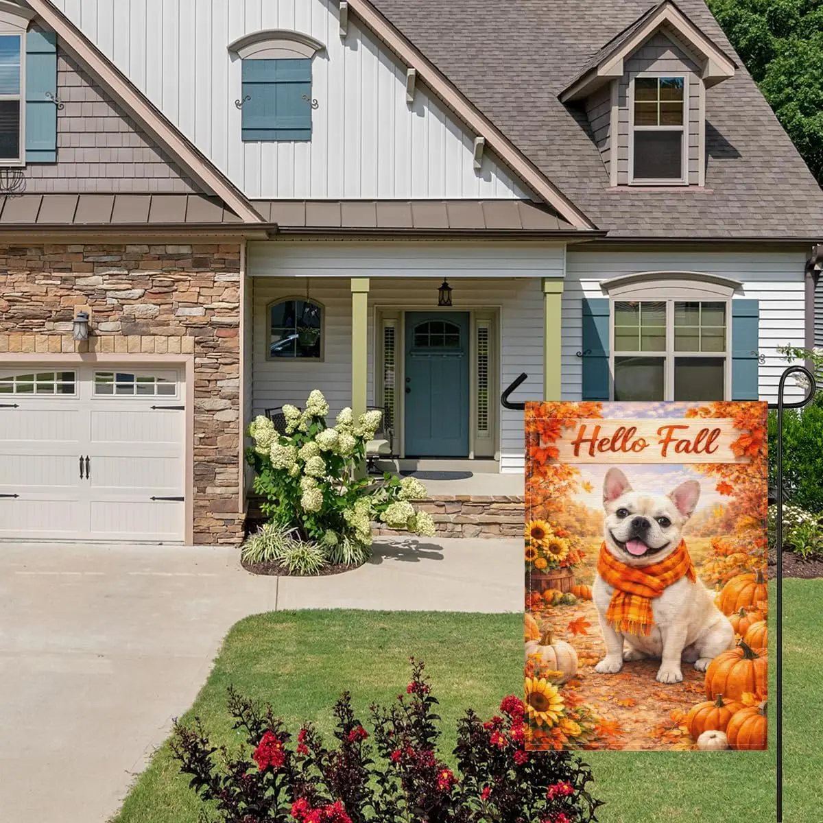 Hello Fall Garden Flag French Bulldog Autumn with Pumpkins Leaves Double Sided Outside Yard Decoration Large Yard Flag 28x40 yyi