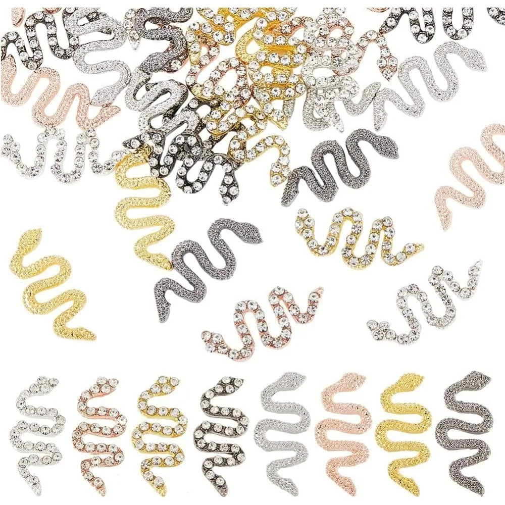 32Pcs 8Style 3D Snake Nail Charms with Rhinestones Alloy Snake Charms for Nails Gold Silver Pink Yellow Rhinestones Flat Back