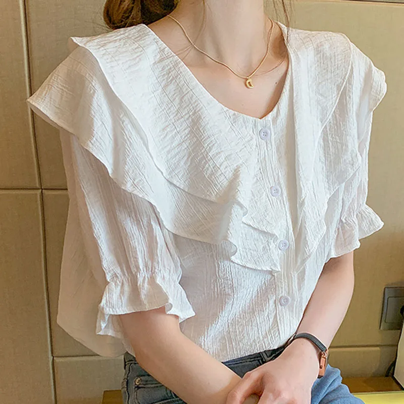 

Summer New Chiffon Shirt Women's Sweet Ruffle Korean Loose Blouse and Tops Women Elegant Blusas Female Button Dropshipping 2782