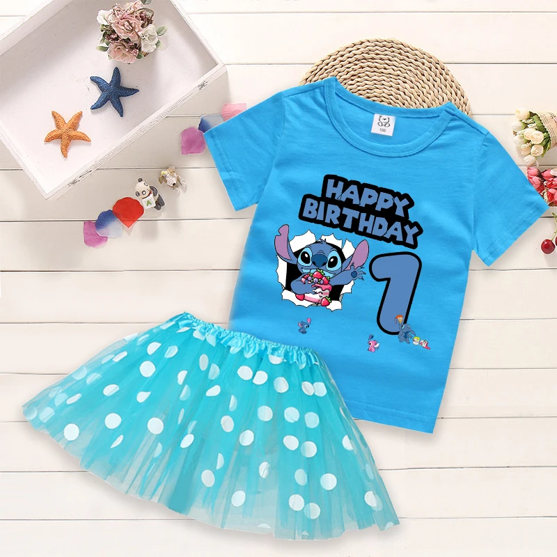 ديزني غرزة الاطفال طفل فتاة عيد ميلاد عدد الزي طباعة قصيرة الأكمام تي شيرت تول نقطة نمط تنورة عقال الملابس مجموعة