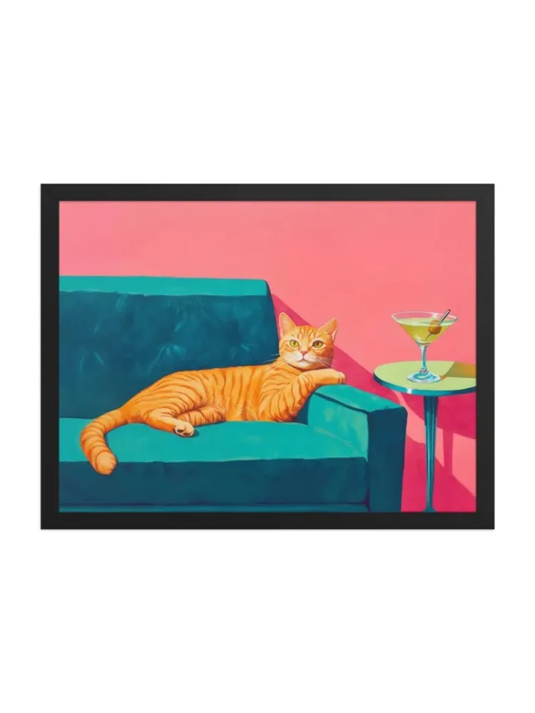 Chat gingembre du milieu du siècle avec impression artistique Martini | Cadeau d'impression d'art de bar d'art de cocktail | Impression d'art sur toile sans cadre avec chat orange