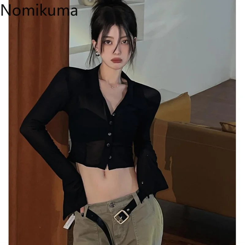 

Nomikuma Blusas Mujer De Moda 2022 Flare Sleeve Hollow Out High Waist Gauze Chic Blouses Vintage Elegant Sexy Camisas E Blusas