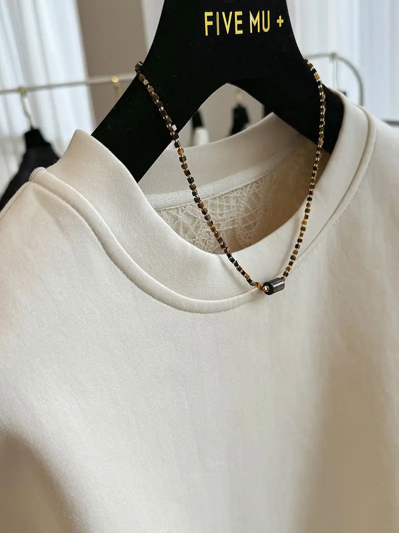 New Style Lace Splicing Fake Two-piece Pullover O Neck Sweatshirt For Women Spring Autumn Loose Top Fashion Casual Solid Hoodie
