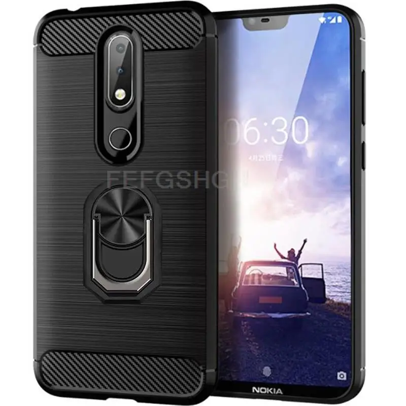 Capa For Nokia 2 V 2.2 Brushed Carbon Fiber Soft Silicone Case For Nokia 1 5.1 6.1 7 Plus 8 8.1 Magnetic Ring Stand Cover