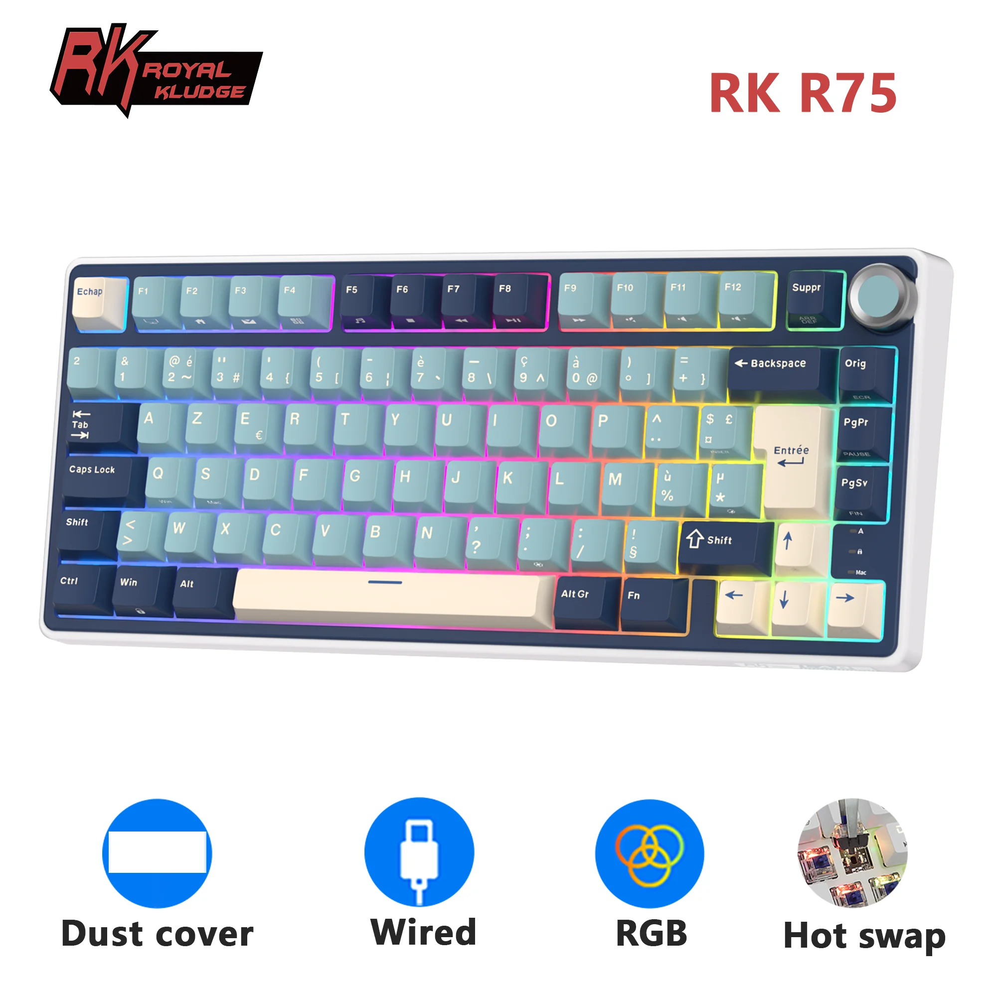 Clavier mécanique filaire RK Royal Kludge R75, 80 touches, rétroéclairage RGB, clavier gamer espagnol à commutation à chaud, touches MDA PBT
