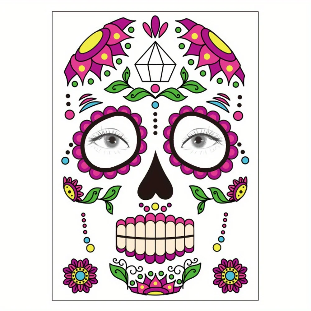 Day of The Dead Face Tattoos – Sugar Skull & Red Roses Halloween Stickers – Makeup Kit for Men & Women, Party Favors – 1 Set