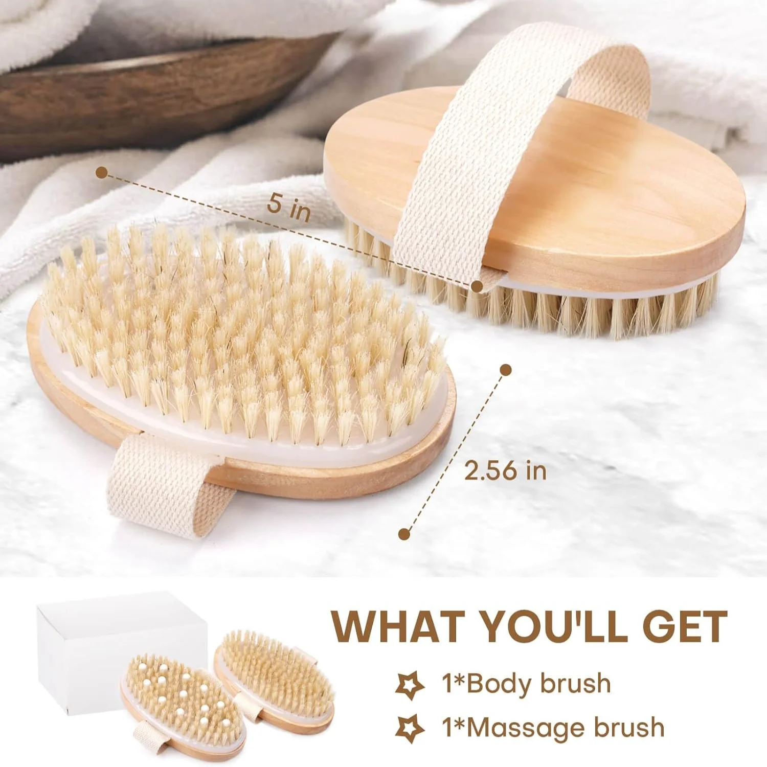 2 Pack Dry Brushing Body Brush, Natural Bristle Dry Brush, Exfoliating Body Brush for Lymphatic Drainage, Cellulite Brush for Fu