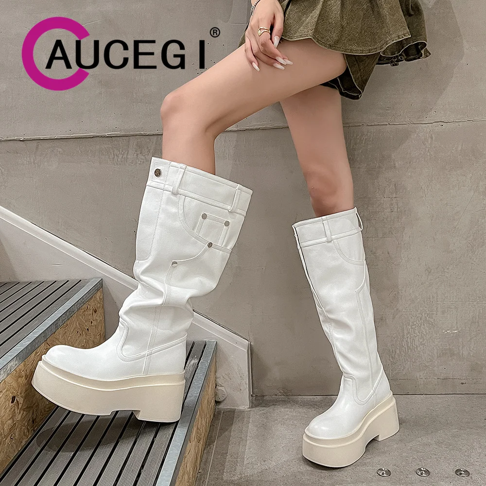 

Aucegi Quality Leather Pocket Knee High Boots Women Round Toe Platform Chunky Heel Slip On 2025 New Fashion Concise Casual Shoes