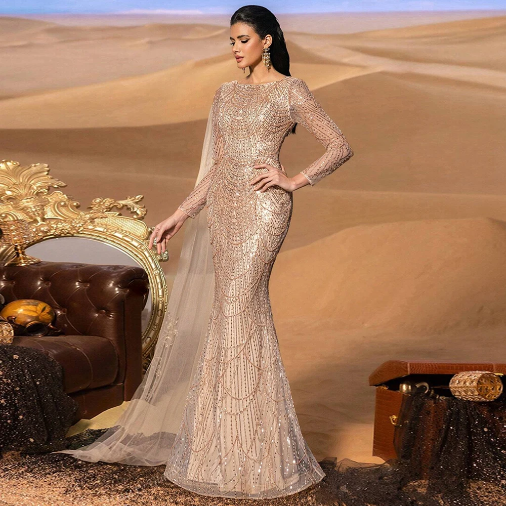 Elegant Rose Gold Muslim Pearls Mermaid Evening Dress Long Formal Gown for Women 2026 Arabia Dubai Prom Party Wedding Customized