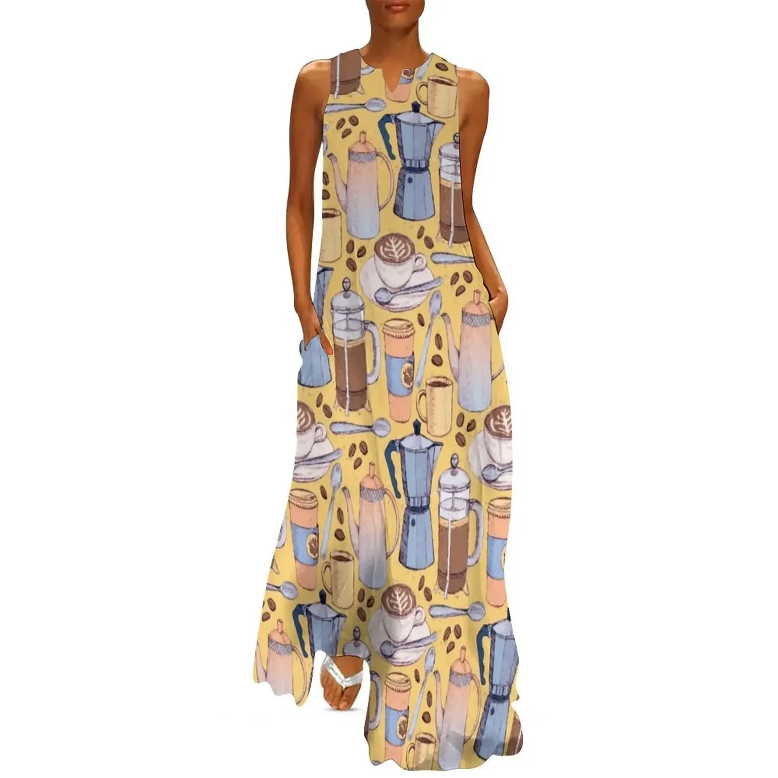 

Coffee Love on Yellow Long Dress womens clothing women's evening dresses elegant dresses plus sizes Dress