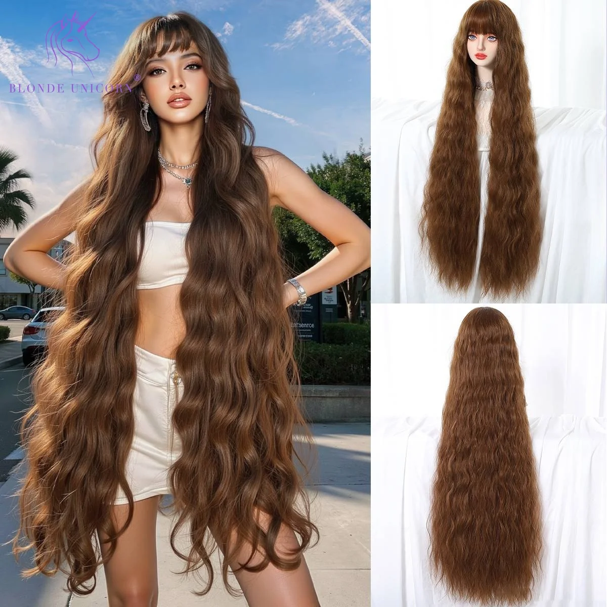 Warm Brown Extra Long Wavy Wig With Bangs Heat Resistant Synthetic Hair Natural Wigs for Women Party Halloween Daily