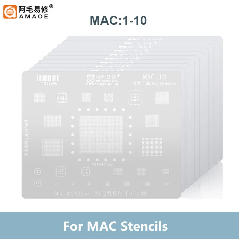 AMAOE MAC1-10 0.12mm Szablon BGA do Reballingu dla Mac M1 T2 Mac Book Pro A2159 A1534 A1706 A1707 SSD DDR WiFi CPU NAND Siatka do Lutowania
