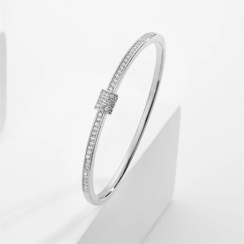 RAKOL Geometric Round Cubic Zirconia Bangle Female Temperament Simple Trendy Stainles Steel Screw Bracelet For Women