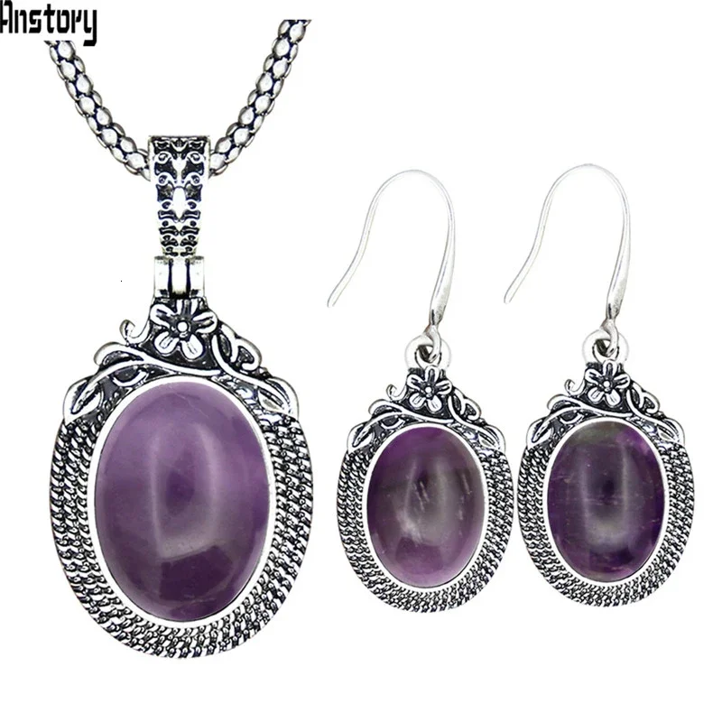 Vintage Lapis Amethysts Necklace Earrings Sets Vintage Natural Stone Jades Quartz Fashion Women Set TS574