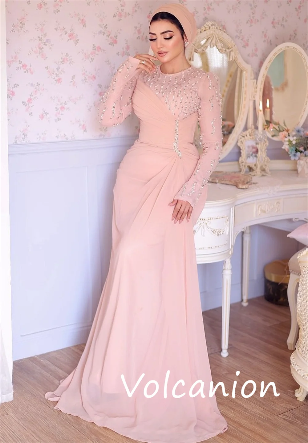 Maßgeschneiderte lange Kleider im modernen Jersey-Stil mit Pailletten und Falten, Trompete, U-Ausschnitt, maßgeschneiderter Anlass, kompliziert