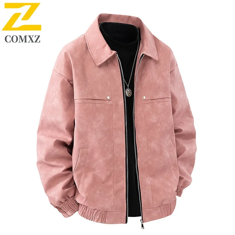 

COMXZ Мужская куртка из искусственной кожи с воротником-стойкой, легкие мотоциклетные пальто в американском стиле, однотонные ветрозащитные осенние кожаные пальто