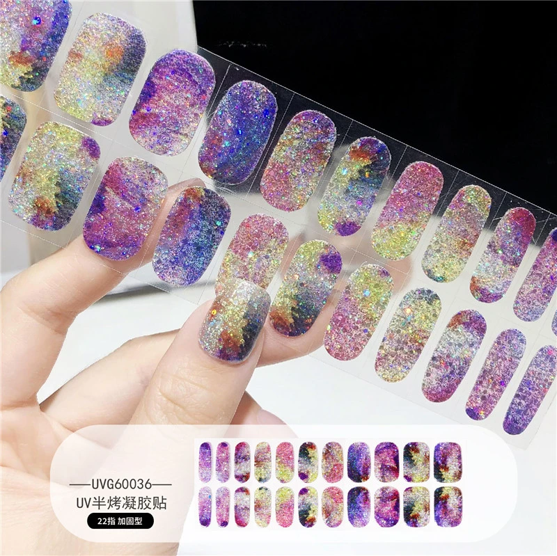 Fashion Glitter Nails Charm Stickers Semi Cured Gel Nail Stickers Wraps Gel Strips UV Lamp Need(Nail file, wooden stick)