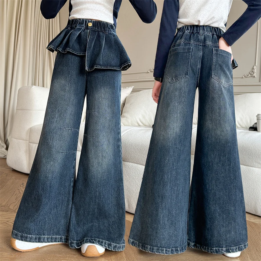

New Kids Designer Fashion Wide Leg Jeans with Skirt for Tween Girls Stylish Y2K Street Denim Pants Child Fashion Baggy Trousers