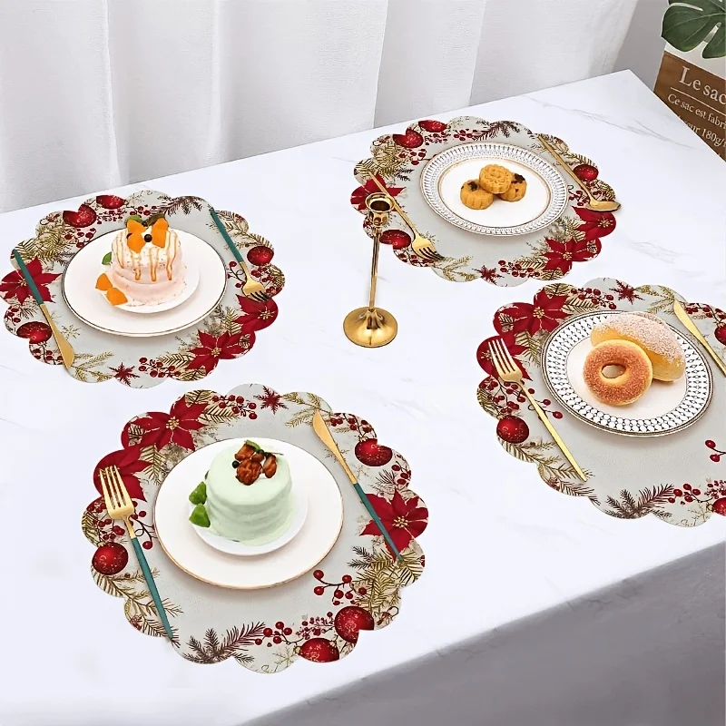 4/6pcs Christmas Poinsettia Berry Pine Branch Wave Placemat, 13.8 Inch 2D Print, Washable Non-Slip Heat Resistant Holiday Table