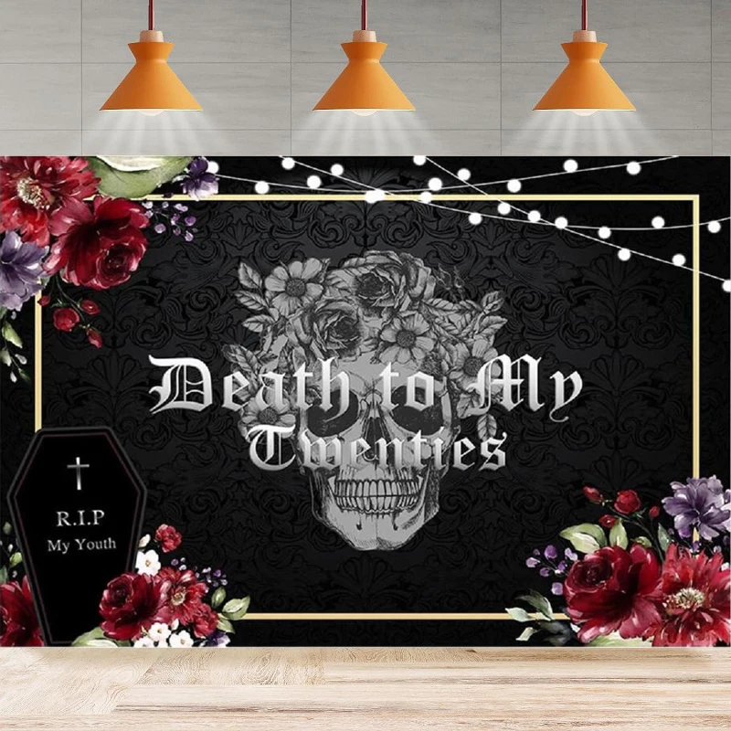 

Death To My Twenties Photography Background My 20s Birthday Burgundy Rose Gothic Skull Tombstone Home Party Backdrop Wall Banner