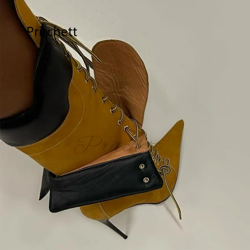 Yellow Suede Patchwork High Heels Boots for Women Pointed Toe Stiletto High Heel Sexy Knee High Women\'s Boots Winter Shoes