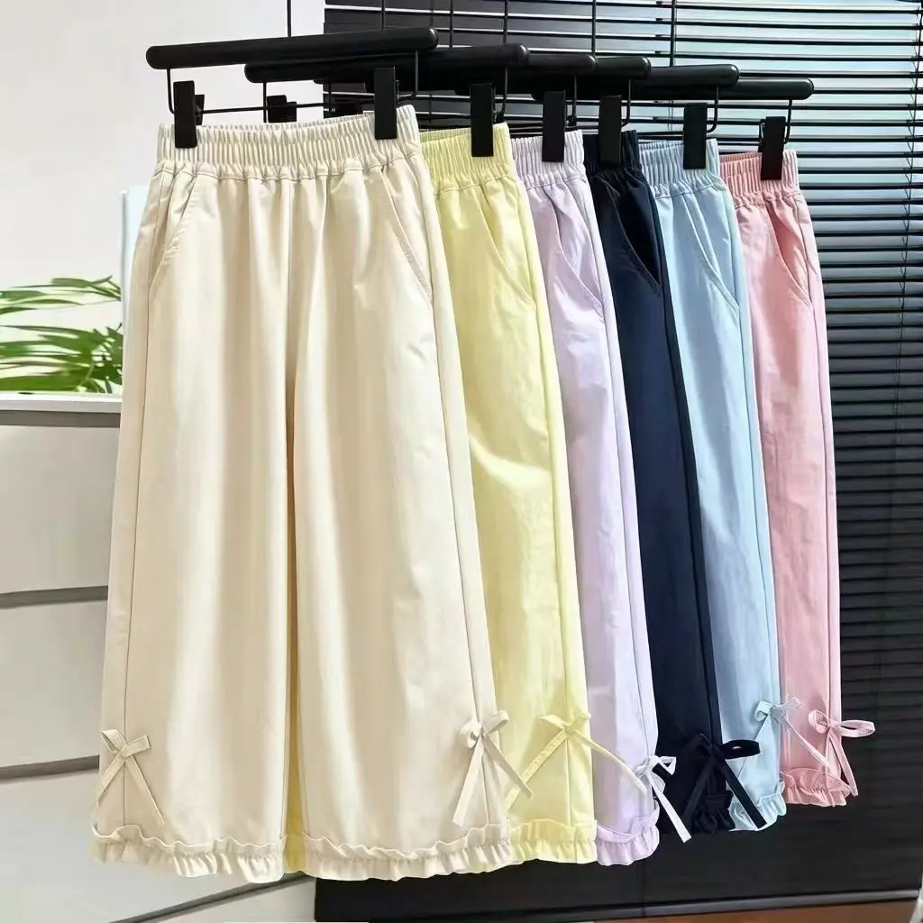 Thin Ice-permeable Women's Lace Bow Decorative Casual Pants 2026 Summer New Female Elastic Waist Ladies Joker Wide-leg Pants