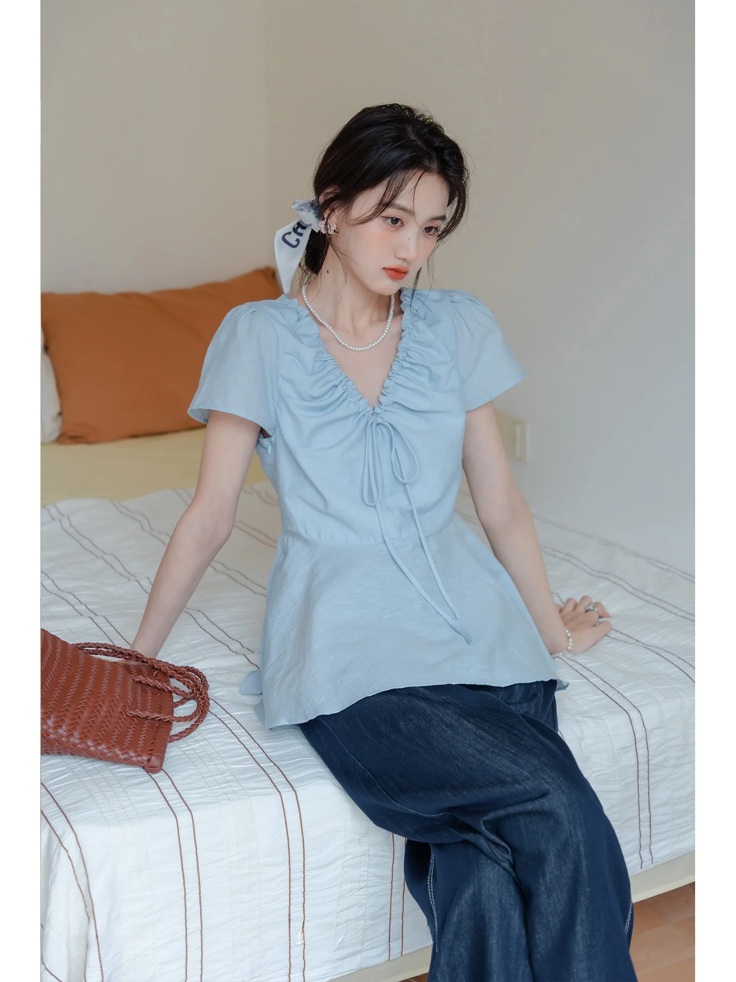 

Blue V-Ne ort Sve irt Women's Summer Faionable Commute French Sle Slim Fit Pure Cotton Gored Tie Waist irt