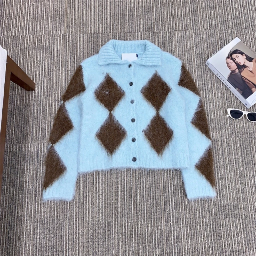

Women's Fleece Sweater Cardigan High Collar Warm Jacket Double Zipper Thick Quilted Contrast Color Striped Design Retro Style