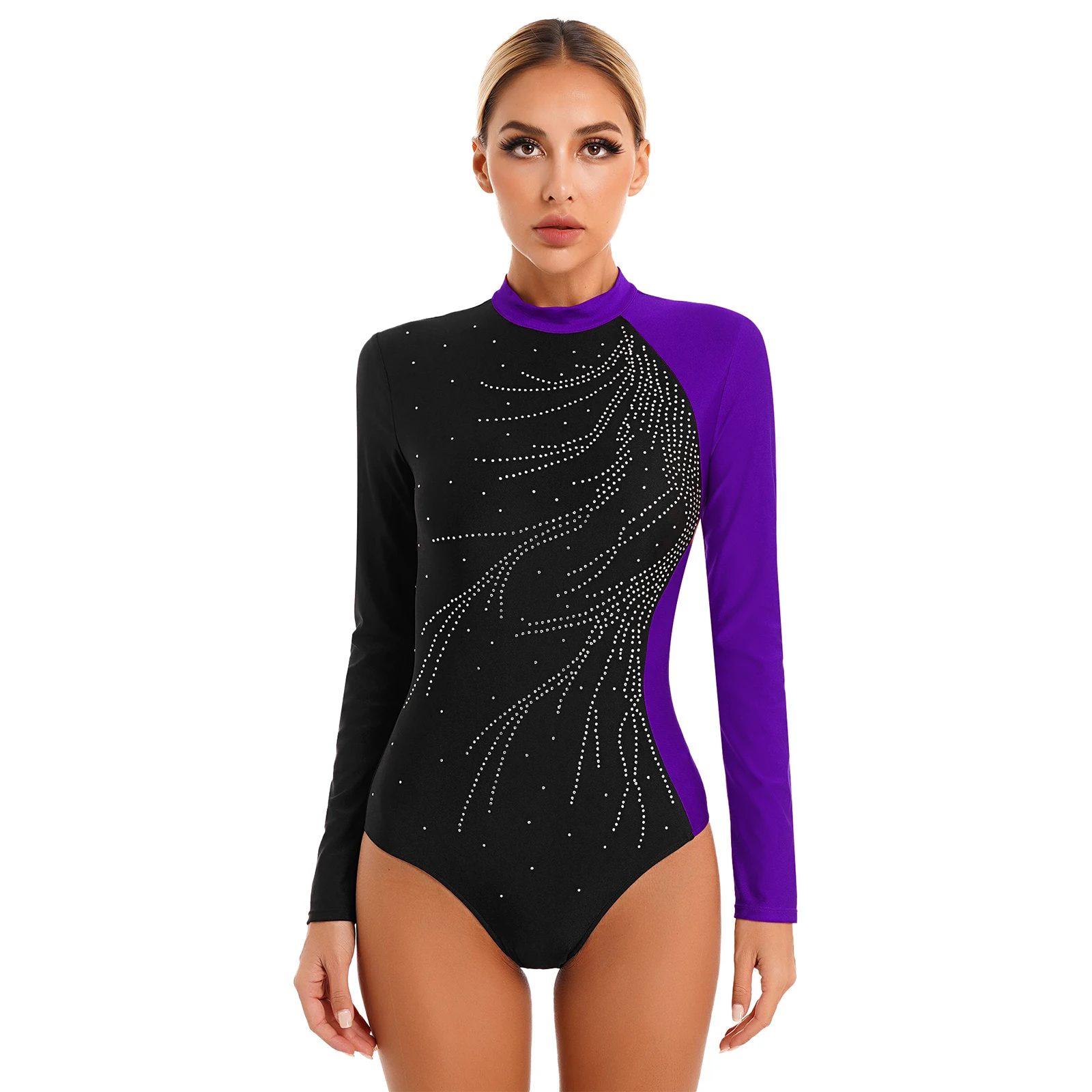 Womens Glitter Rhinestone Ballet Jersey Dance Leotard Long Sleeve Mock Neck Bodysuit Gymnastics Artistic Figure Skating Costume