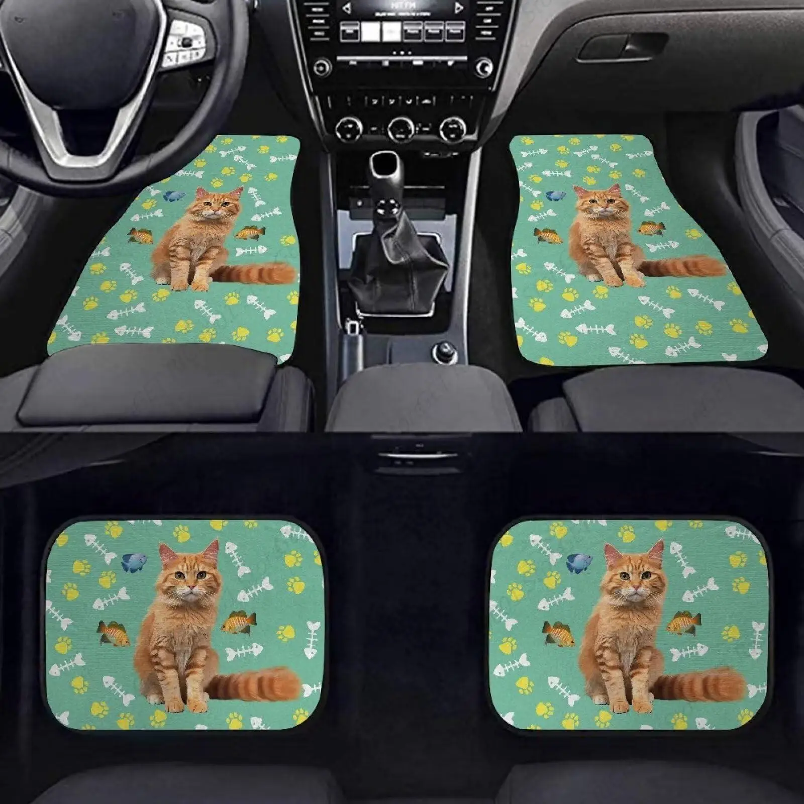 Cat Paw Fish Bone Green Car Floor Mats Universal Fit Automotive,SUVS,Sedan,Vans, 4Pcs Vehicle Floor Mat Carpet