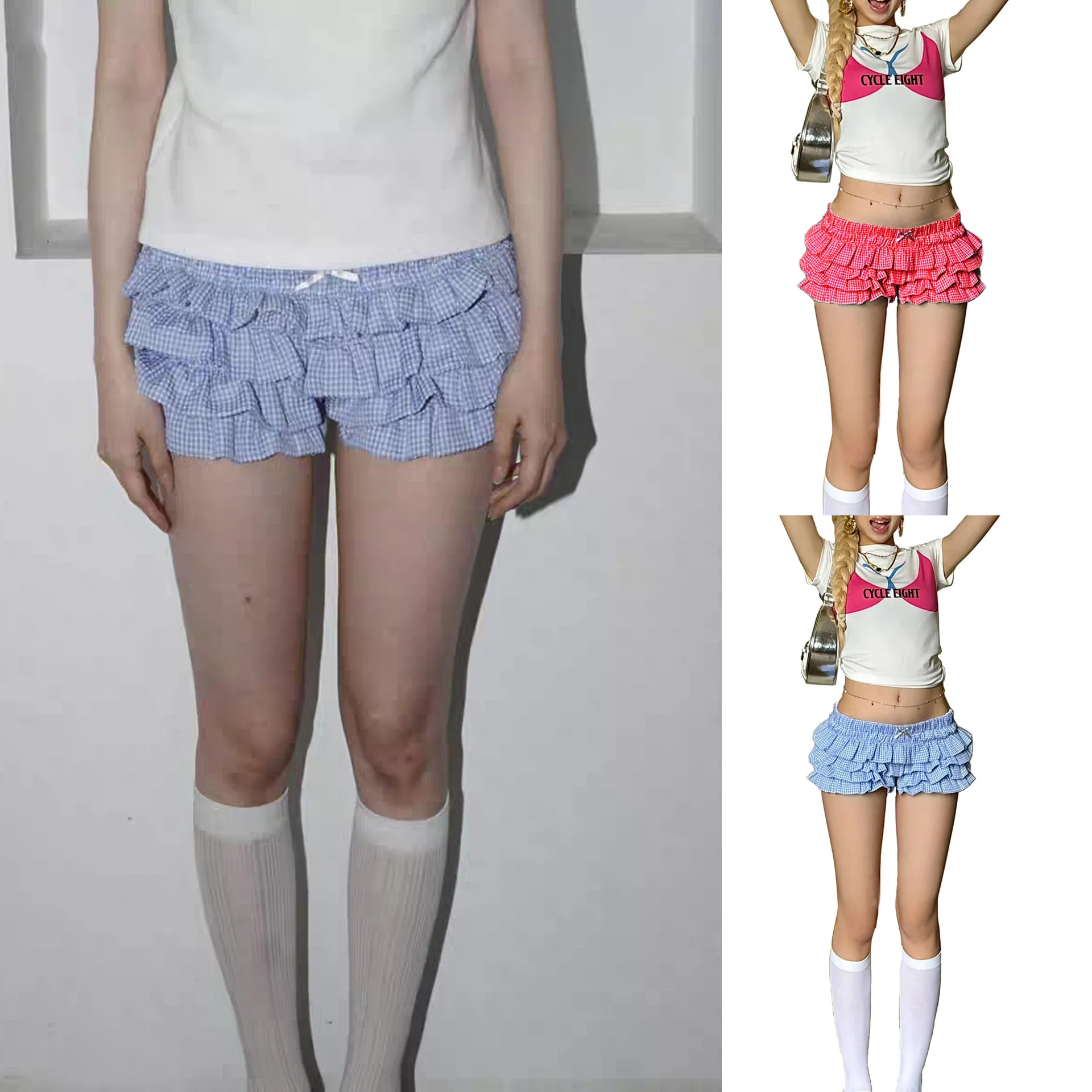 

Low Waist Pleated Skirt orts Women's Y2K Sweet Cake Sle Wave Ruffle Plaid Multi-Layered American Cool Ci Walk orts