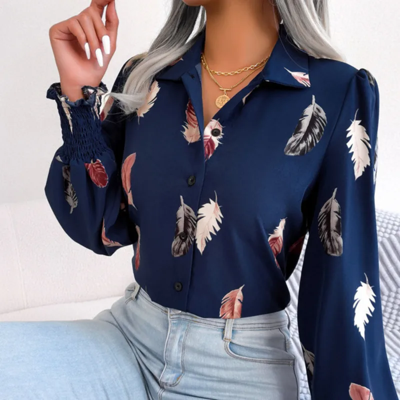 Women Spring Summer Temperament Feather Lantern Sleeve Lapel Shirt Casual Holiday Comfort Top Fashion Basics Commuter Women Wear