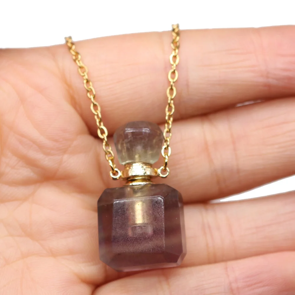 Natural Gem Fluorite Stone Perfume Bottle Pendant Essential Oil Diffuser Pendant Necklace for DIY Necklace Making  Jewelry