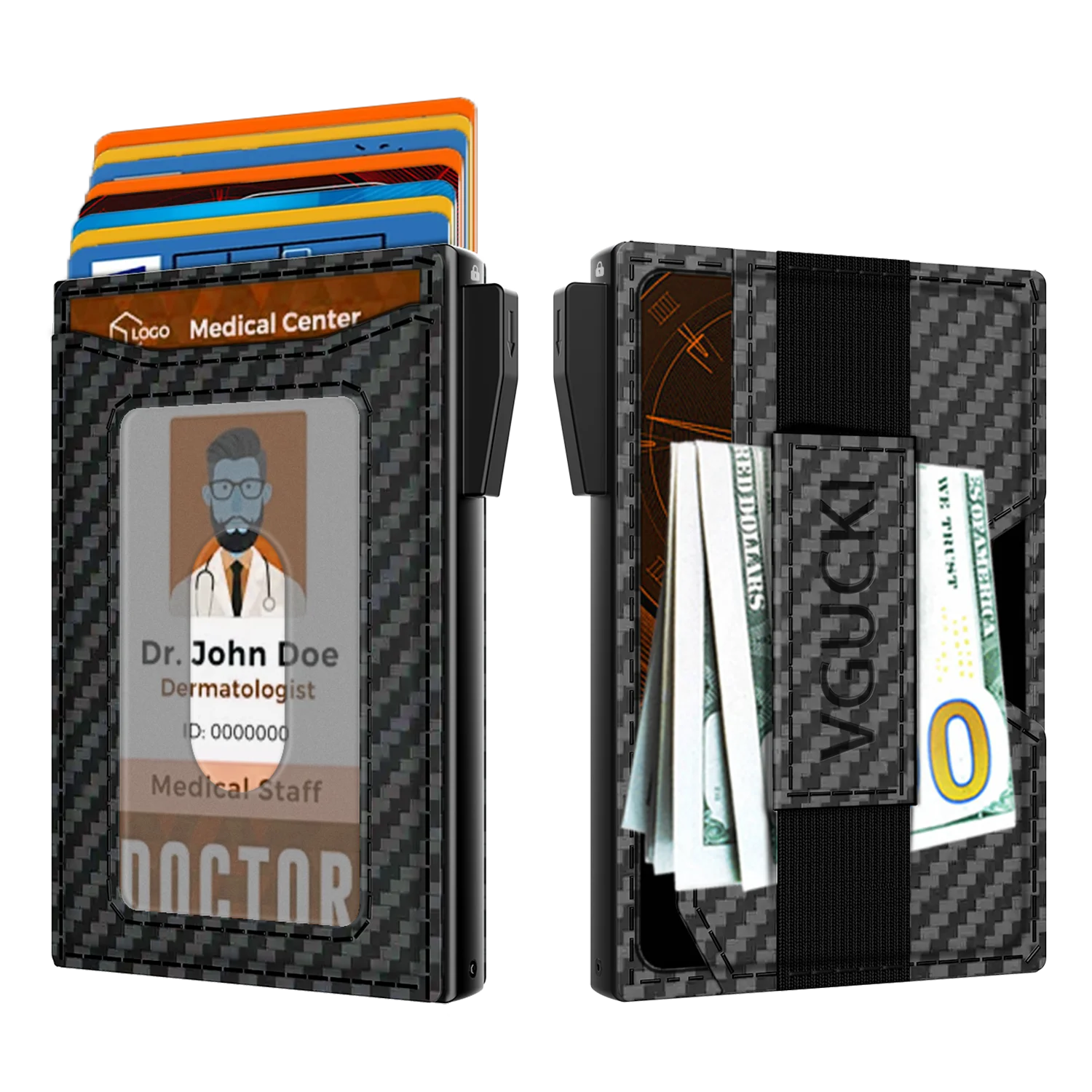 Carbon Fiber Leather Wallet with Auto Pop-Up | Slim RFID Blocking Credit Card Holder | Metal Case for Cash & 12 Cards (Double Pr