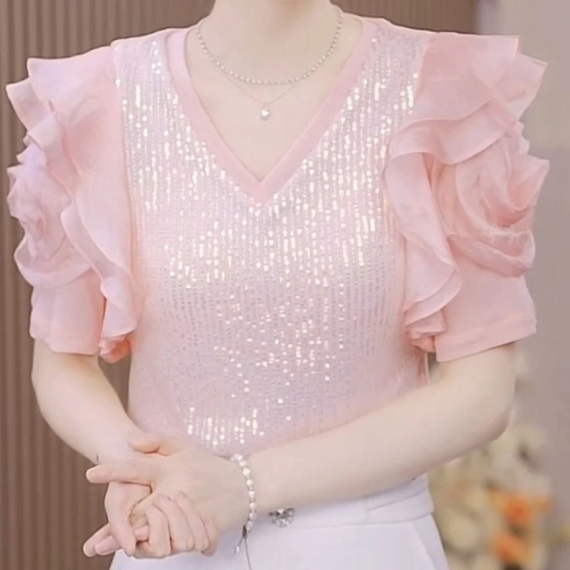 2024 Summer New Trendy Style Sparkling Sequin Top French Versatile Loose Slimming Short Sleeved T-shirt Women's Summer Korean Ed