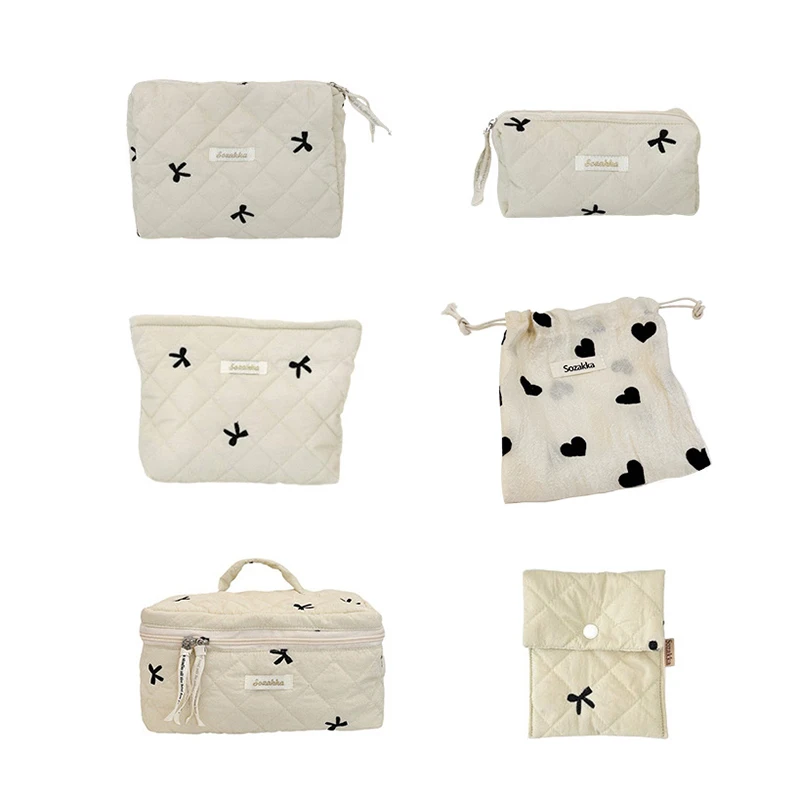 Korean Embroidered Bow Quilting Cotton Makeup Bag Cloth Handbag Pencil Case Storage Bag Portable Cosmetic Organizer Zipper Pouch