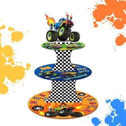 3 Tier Cartoon Racing Monster TrucK Party Cake Display Stand Racing Car Game Cupcake Rack Holder Birthday Party Cake Tray Decor
