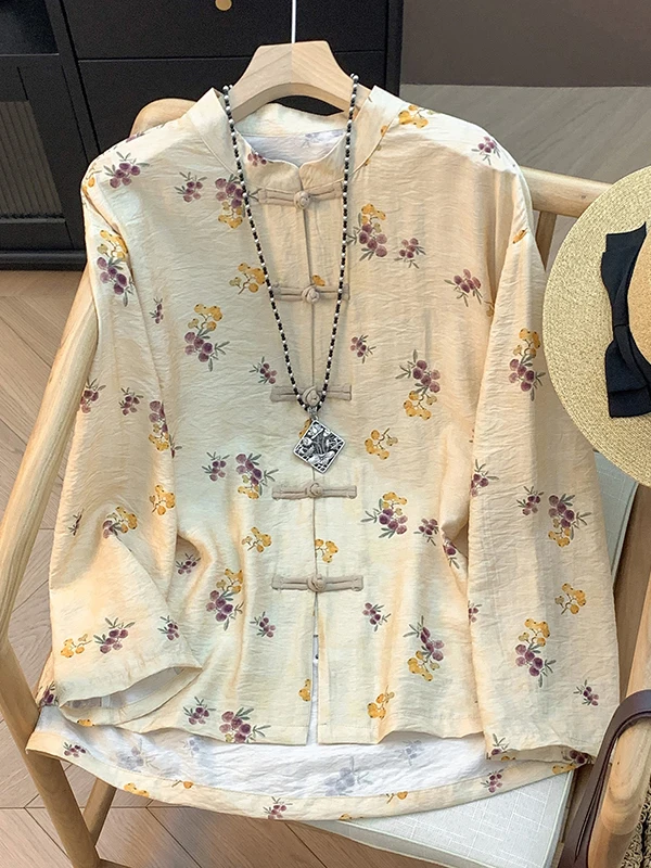 Nueva Camisa Casual Estilo Chino para Mujer, Talla Grande, Tendencia Nacional, Abrigo de un Solo Botón, Holgado, Estampado, M...