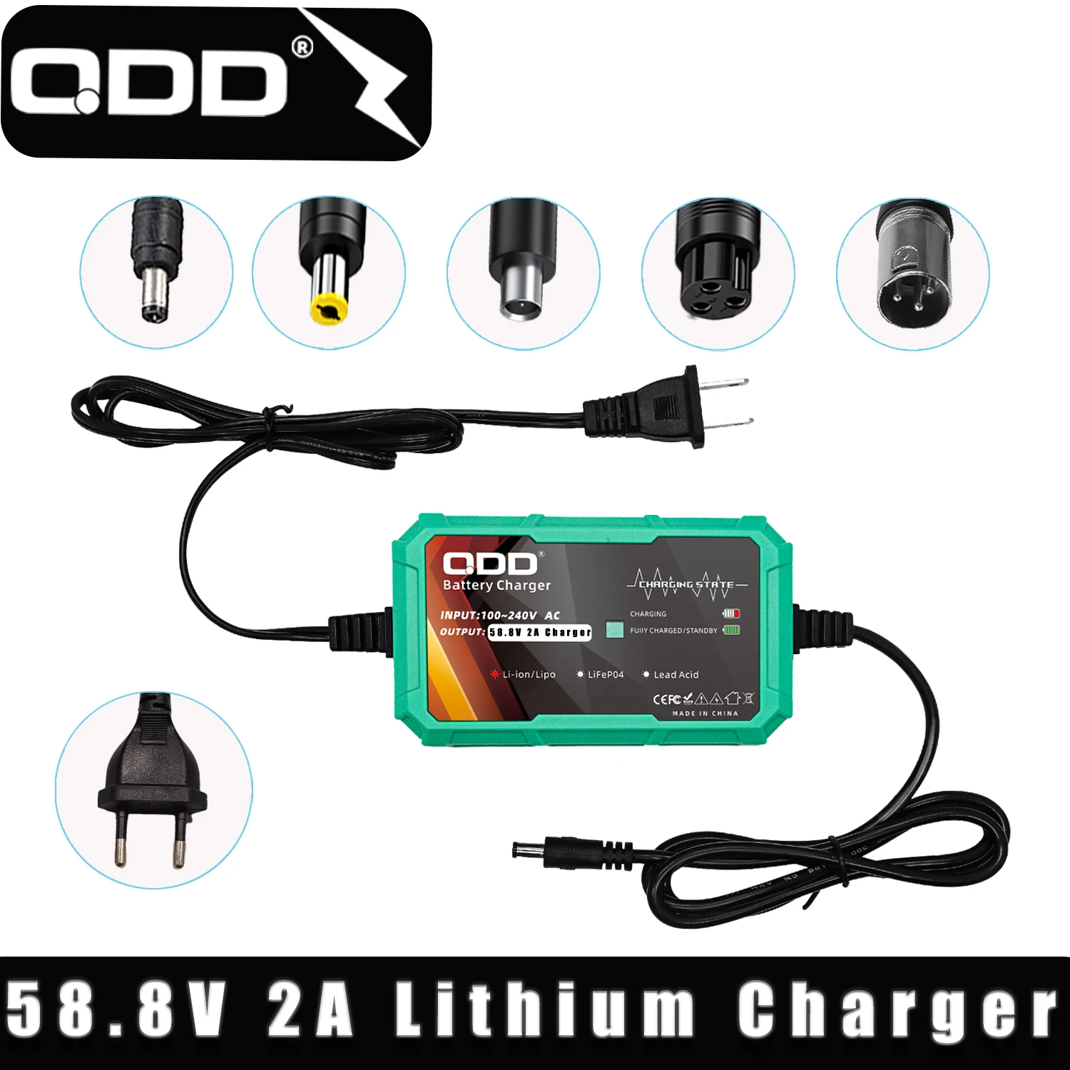 

QDD 58.8V 2A Lithium Battery Charger for 14S 51.8V Battery Li-ion Battery Charger with DC5.5*2.1MM Multi connector adapter cable