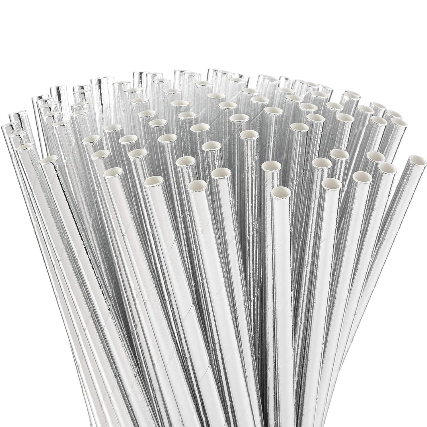 Metallic Silver Paper Straws, Biodegradable Disposable Party Drinking Straw for Birthday, Wedding, Party Supplies, Pack of 100