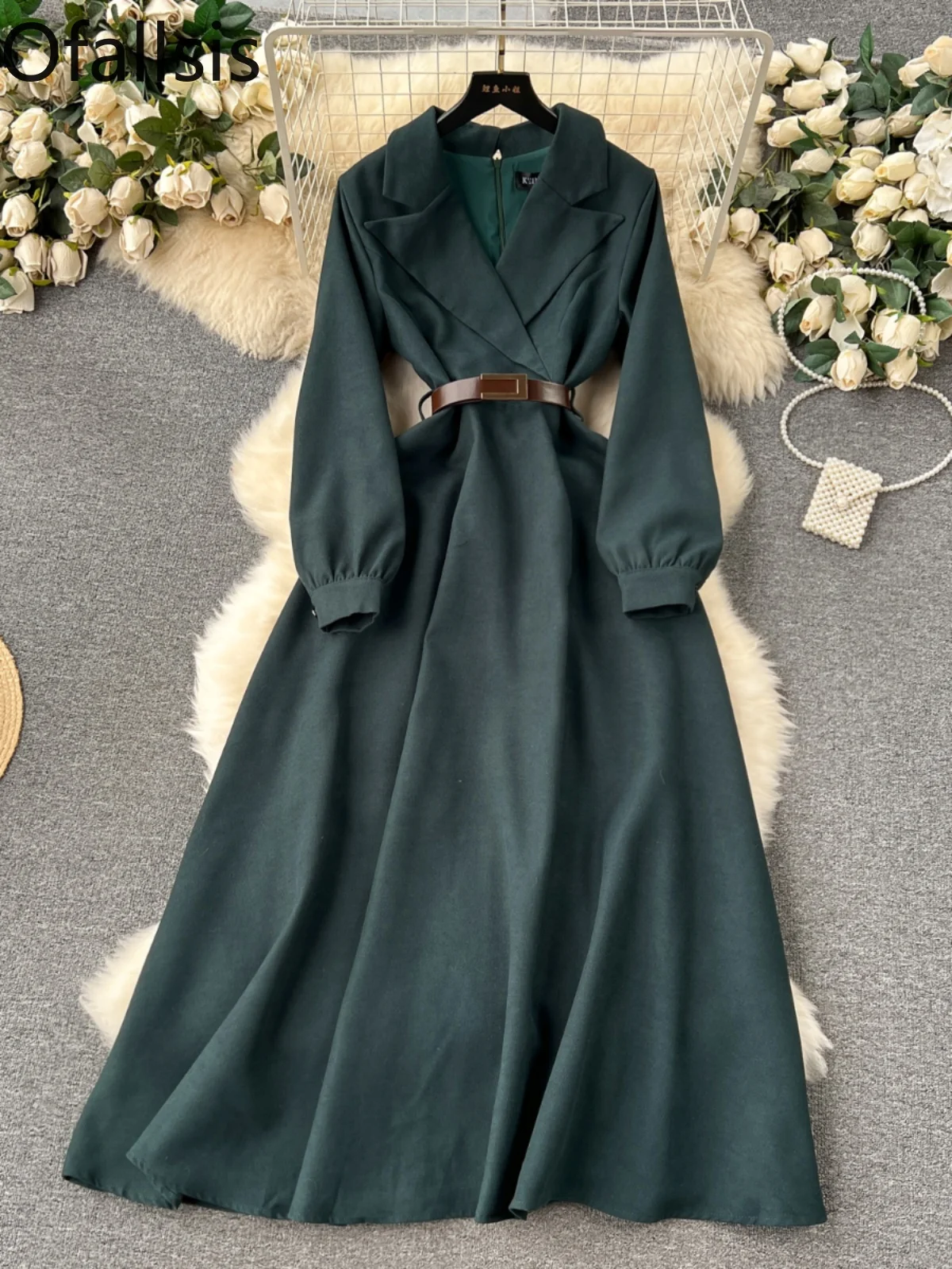 Ofallsis Women's High end Dress Autumn 2024 New Style Retro Temperament Suit Collar Waist Cinching Slimming Long Dresses Female