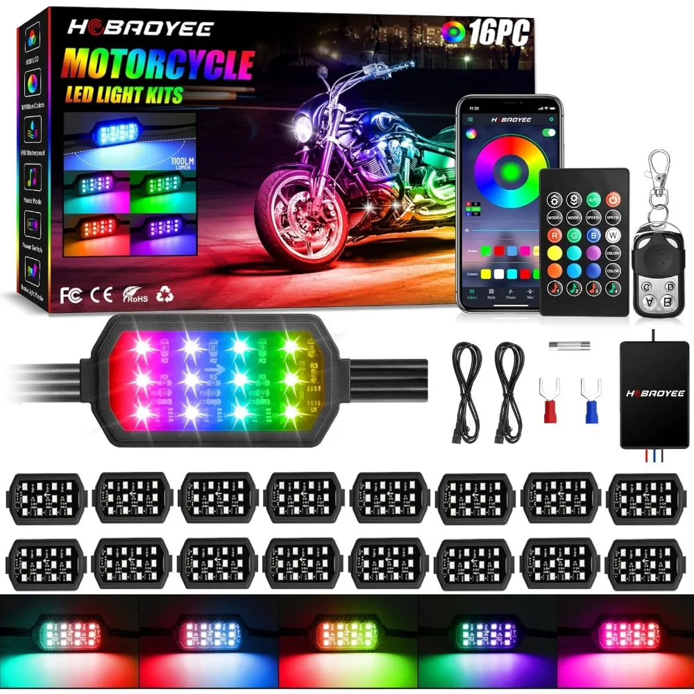 

16pc Motorcycle LED Underglow Kit RGB Multicolor with App and RF Remote Universal Fit