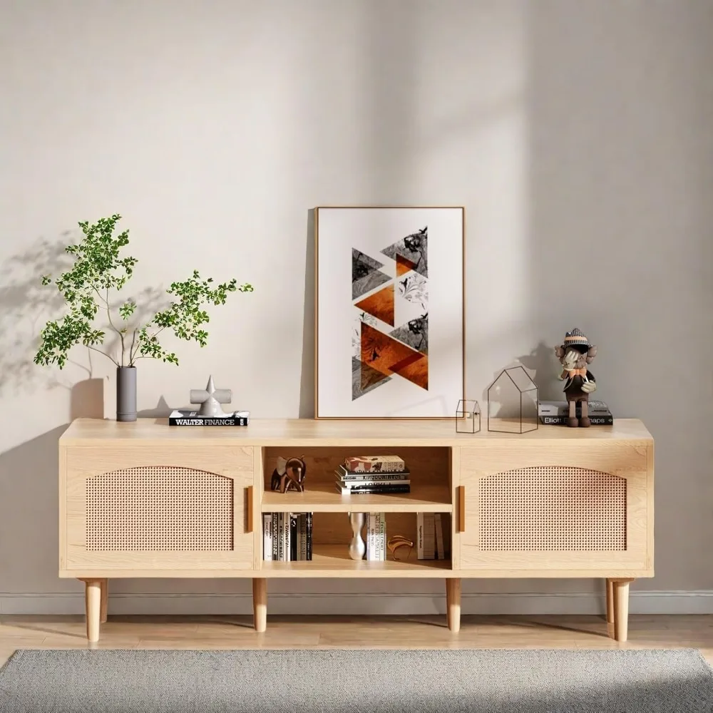 حامل تلفزيون، وحدة تحكم تلفزيون وسائط للتلفزيون حتى 60 بوصة، مركز ترفيه مخدد مع بابين بتصميم روطان، وخزانة تلفزيون بأرجل خشبية و #1