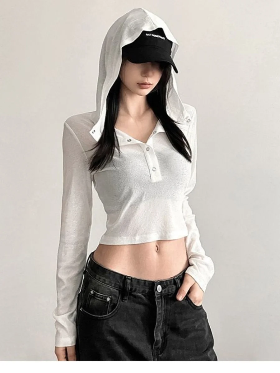 هودي نسائي عصري بأكمام طويلة بتصميم رقيق يكشف البطن، ملابس صيفية بيضاء للحماية من الشمس ومقاومة للشيخوخة