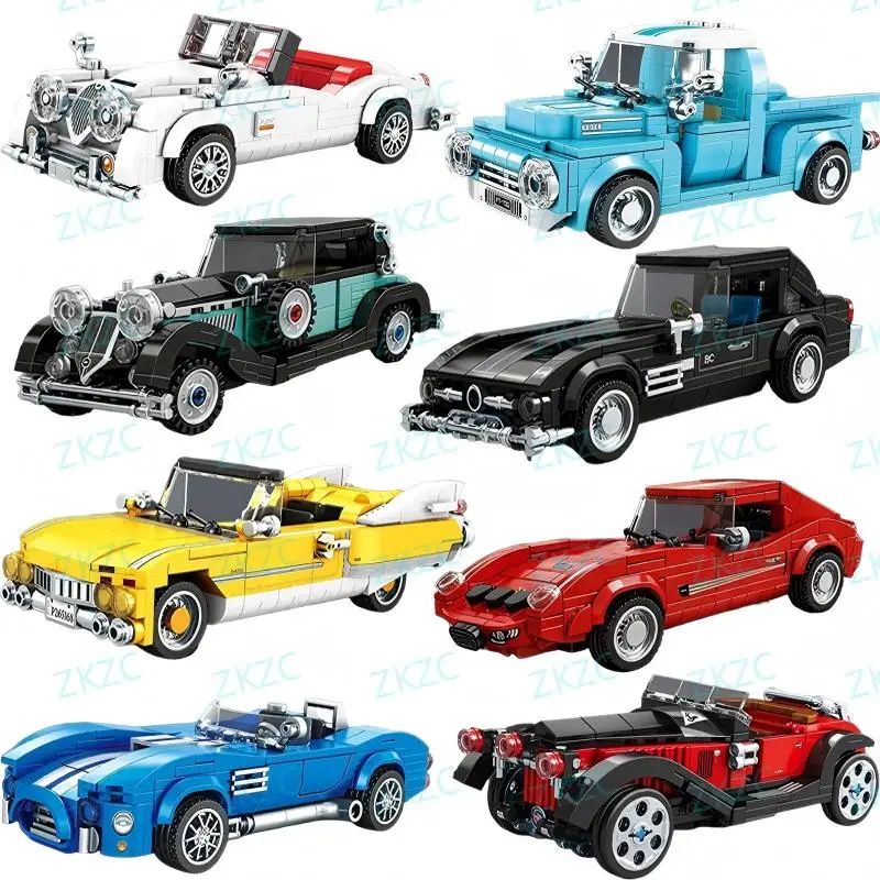 

Vintage Classic Vintage Car Model Building Blocks Racing Car with Display Stand Sports Car Toy Vehicle for Boy Birthday Gift