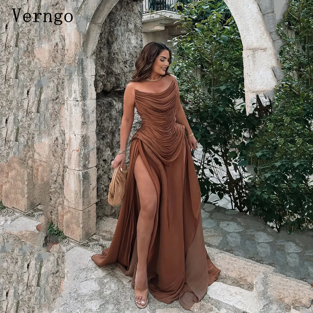 

Verngo коричневое блестящее шифоновое вечернее платье без бретелек трапециевидной формы с разрезом вечерние платья сексуальные платья для выпускного вечера по индивидуальному заказу