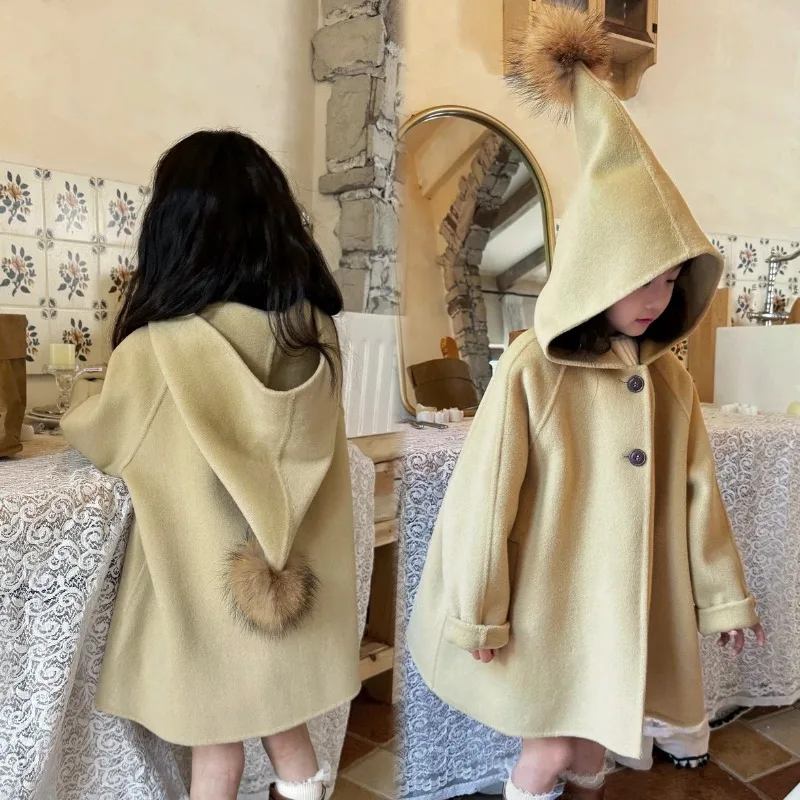 Ins Handmade Children Wool Double-sided Cashmere Boutique Girls Coat Cheese Yellow Elf Hat Kids Christmas Warm Jacket