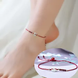 Hand-woven Natural Jade Red Rope Anklet Female National Tide Garnet Foot Ring Foot Ornaments Friend Gift Simple Personality
