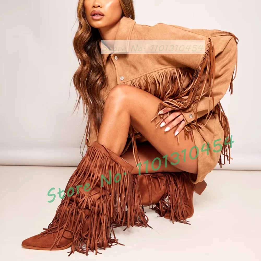 Suede Fringe Western Boots In Tan Women Block Heel Pointy Mid Calf Shoes 2023 New Trending Ladies Work Tassel Couture Boots