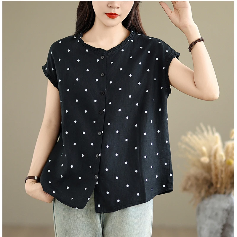 

New Summer Fashion Dot Buttons Cotton Linen Chic Loose Casual Blouse Shirts Women Vintage Elegant Office Ladies Tops
